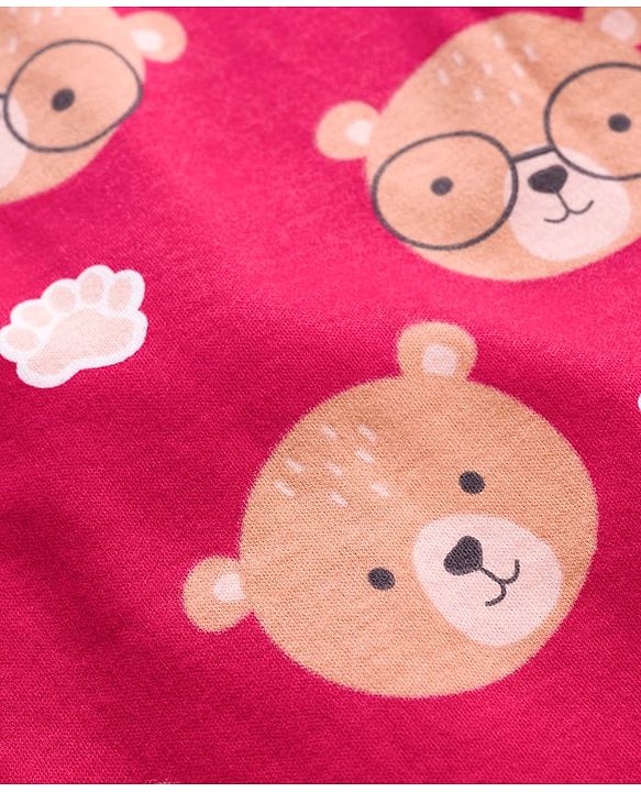 Babyhug Cotton Knit Full Sleeves Footed Sleepsuit With Animal Print - Maroon