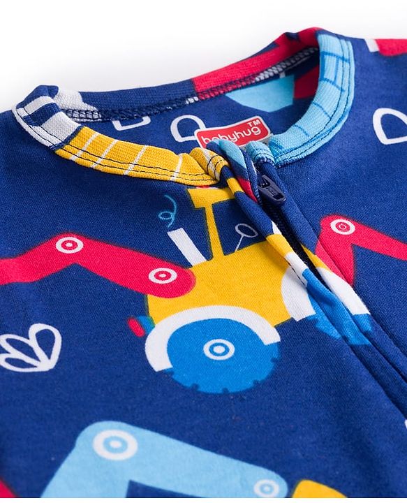 Babyhug Cotton Knit Full Sleeves Footed Sleepsuit With Vehicle Print - Navy Blue