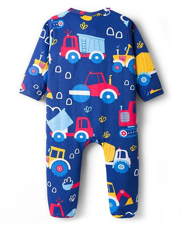 Babyhug Cotton Knit Full Sleeves Footed Sleepsuit With Vehicle Print - Navy Blue