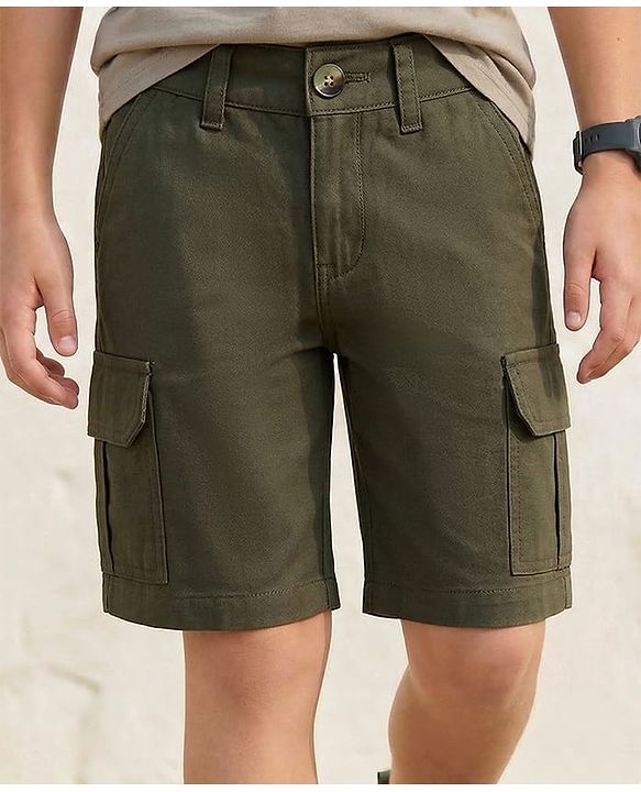 Pine Kids Cotton Elastane Woven Solid Colour Shorts - Olive Green