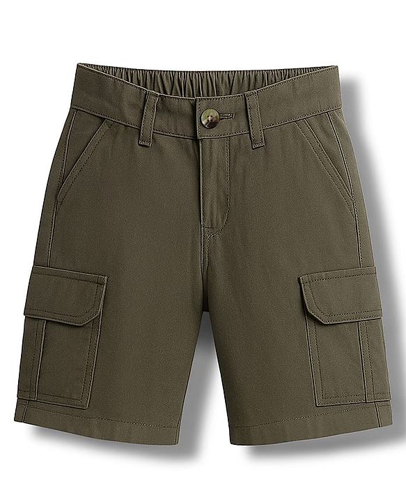 Pine Kids Cotton Elastane Woven Solid Colour Shorts - Olive Green