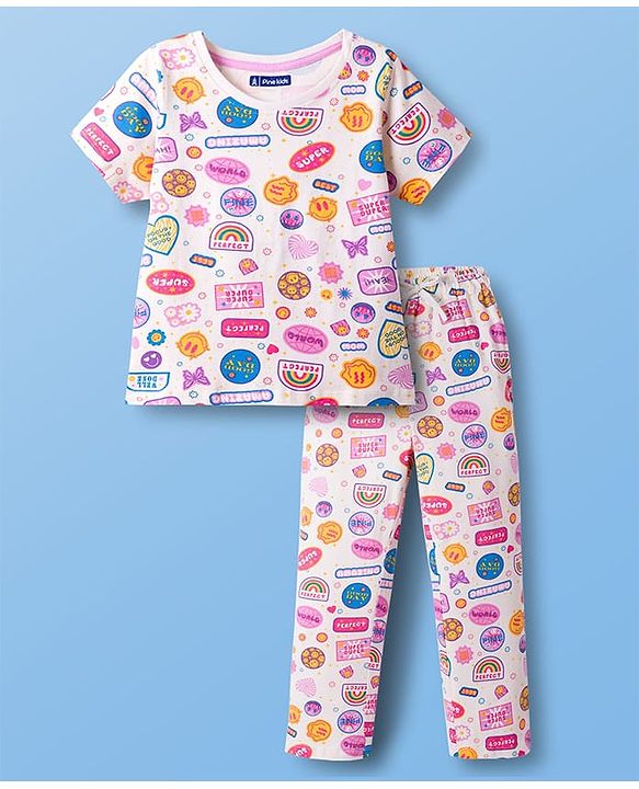 Pine Kids Single Jersey Knit Half Sleeves Co-ords Night Suit With Text Print - Light Orange