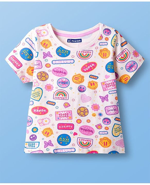 Pine Kids Single Jersey Knit Half Sleeves Co-ords Night Suit With Text Print - Light Orange