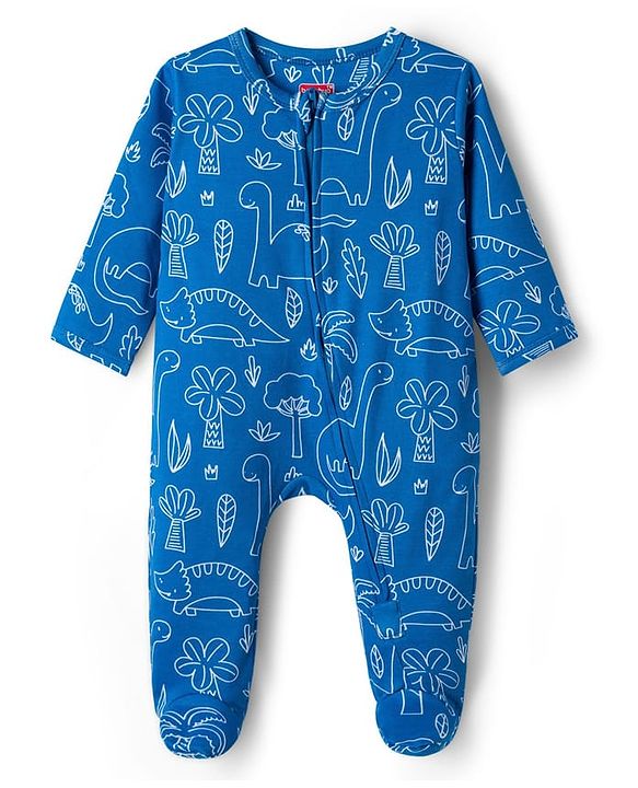 Babyhug Cotton Knit Full Sleeves Footed Sleepsuit With Dino Print - Blue