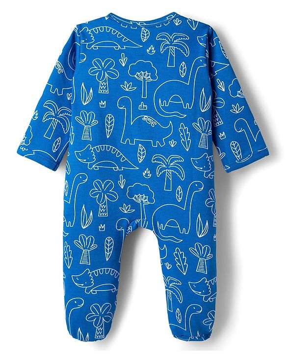 Babyhug Cotton Knit Full Sleeves Footed Sleepsuit With Dino Print - Blue