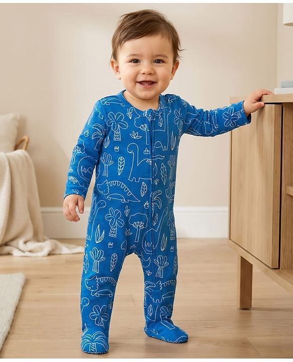 Babyhug Cotton Knit Full Sleeves Footed Sleepsuit With Dino Print - Blue