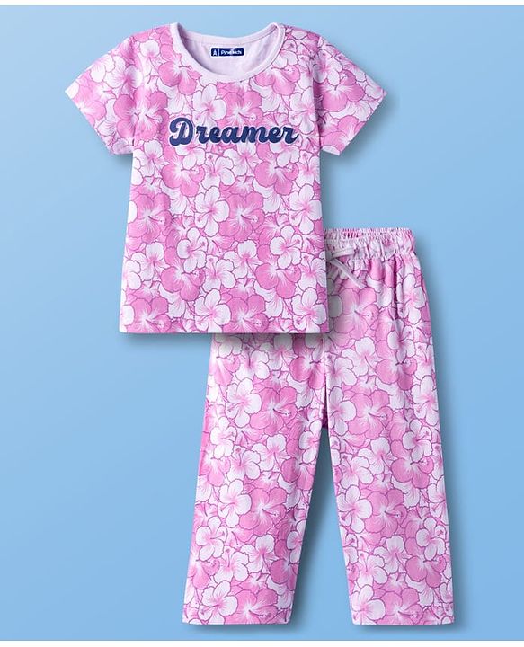 Pine Kids Single Jersey Knit Half Sleeves Capri Co-ord Night Suit With Floral Print - Lavender