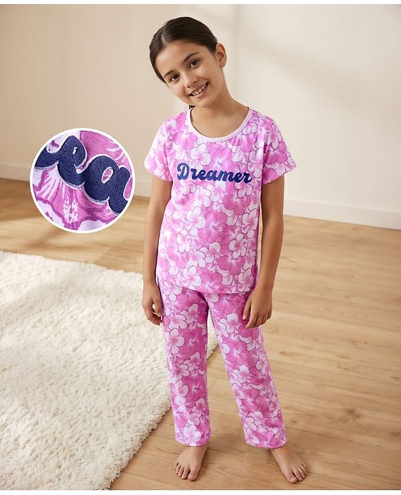 Pine Kids Single Jersey Knit Half Sleeves Capri Co-ord Night Suit With Floral Print - Lavender