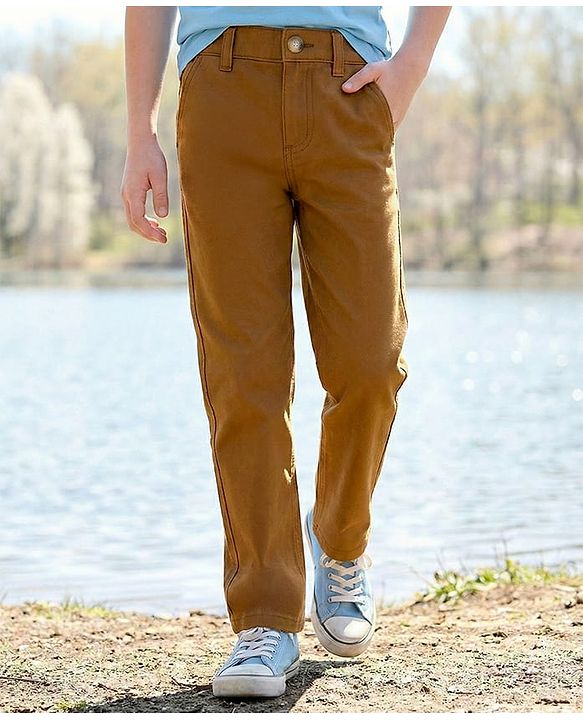 Pine Kids Cotton Elastane Woven Full Length Solid Colour Trouser - Khaki
