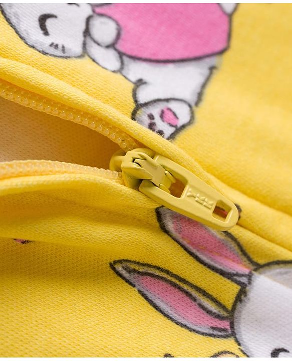 Babyhug Cotton Knit Full Sleeves Footed Sleepsuit With Animal Print - Yellow