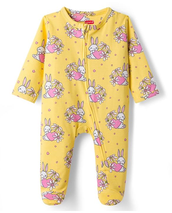 Babyhug Cotton Knit Full Sleeves Footed Sleepsuit With Animal Print - Yellow