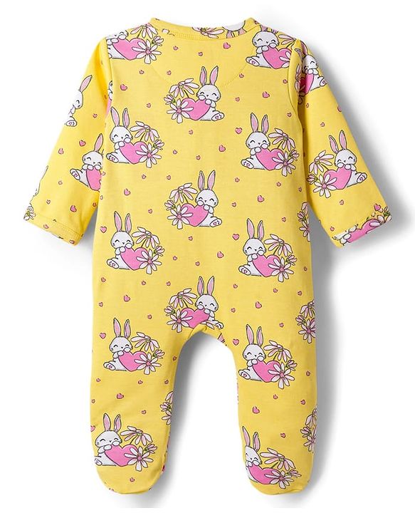 Babyhug Cotton Knit Full Sleeves Footed Sleepsuit With Animal Print - Yellow