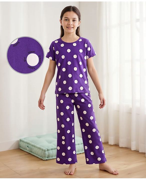 Pine Kids Single Jersey Knit Half Sleeves Co-ords Capri Night Suit With Polka Dot Print - Purple