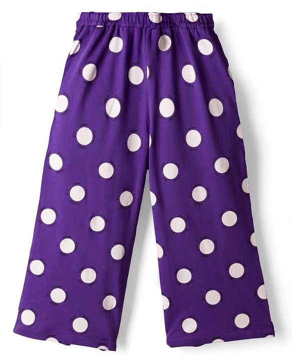 Pine Kids Single Jersey Knit Half Sleeves Co-ords Capri Night Suit With Polka Dot Print - Purple