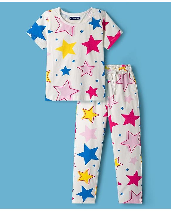 Pine Kids Single Jersey Knit Half Sleeves Co-ords Night Suit With Star Print - White