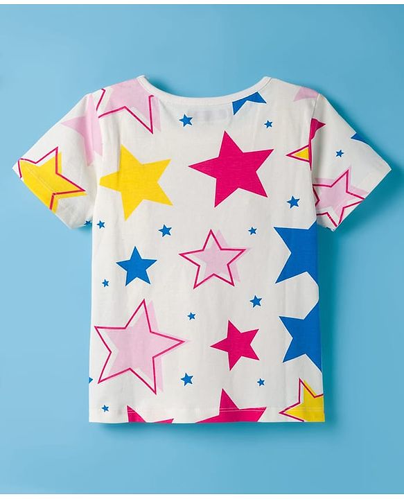 Pine Kids Single Jersey Knit Half Sleeves Co-ords Night Suit With Star Print - White
