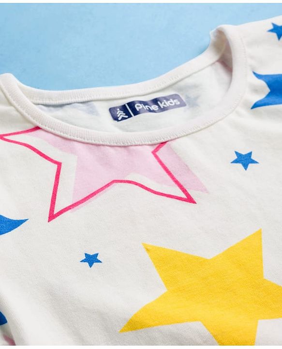 Pine Kids Single Jersey Knit Half Sleeves Co-ords Night Suit With Star Print - White