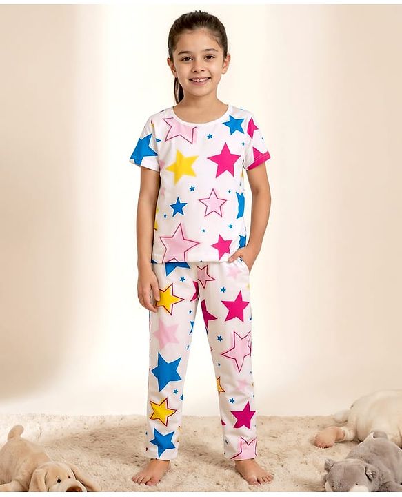 Pine Kids Single Jersey Knit Half Sleeves Co-ords Night Suit With Star Print - White
