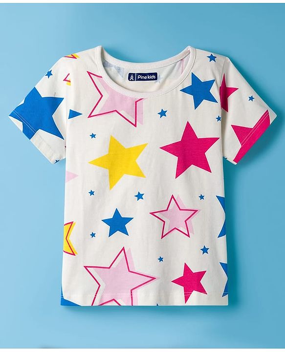 Pine Kids Single Jersey Knit Half Sleeves Co-ords Night Suit With Star Print - White