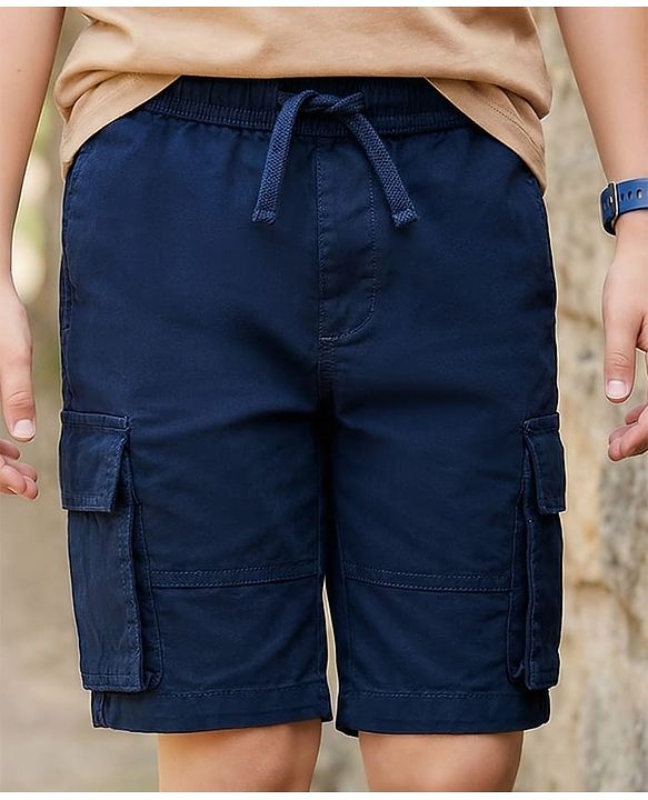 Pine Kids Cotton Elastane Woven Knee Length Solid Shorts - Blue