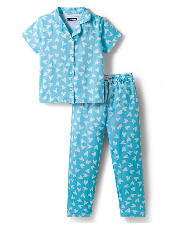 Pine Kids Single Jersey Knit Half Sleeves Co-Ord Night Suit with Heart Print - Light Blue