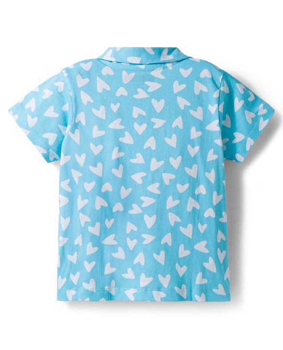 Pine Kids Single Jersey Knit Half Sleeves Co-Ord Night Suit with Heart Print - Light Blue