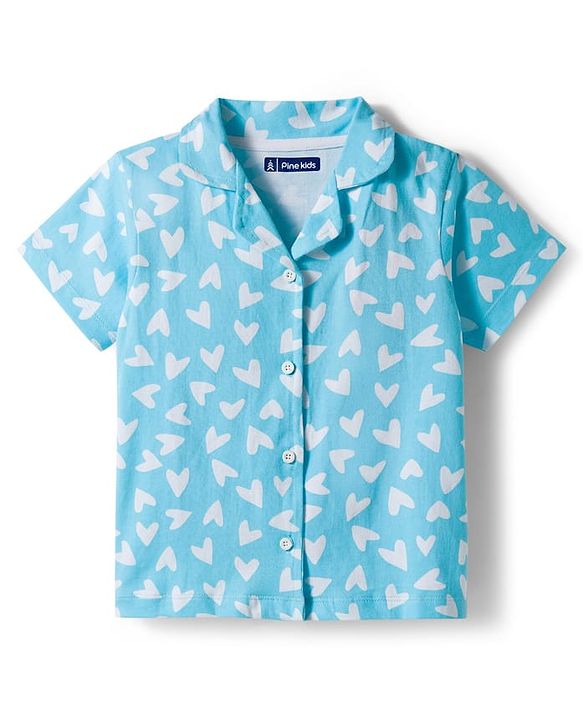 Pine Kids Single Jersey Knit Half Sleeves Co-Ord Night Suit with Heart Print - Light Blue