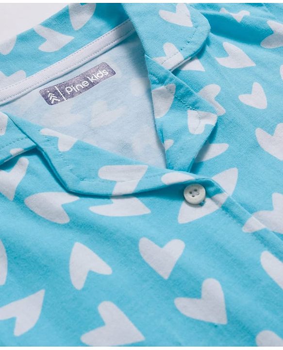 Pine Kids Single Jersey Knit Half Sleeves Co-Ord Night Suit with Heart Print - Light Blue