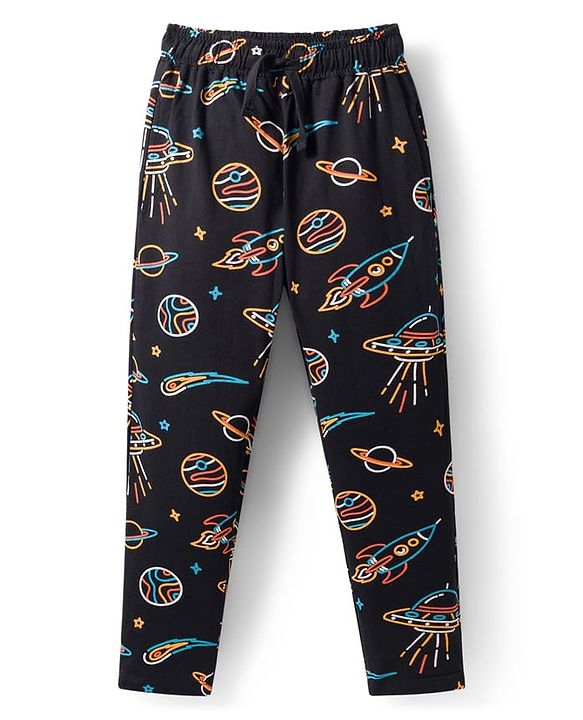Pine Kids Single Jersey Knit Half Sleeves Co-Ord Night Suit Set With Space Theme Print - Black