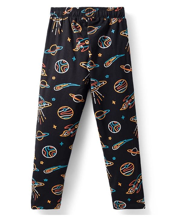 Pine Kids Single Jersey Knit Half Sleeves Co-Ord Night Suit Set With Space Theme Print - Black