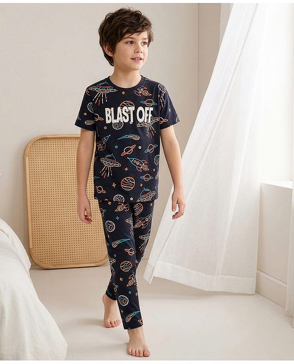 Pine Kids Single Jersey Knit Half Sleeves Co-Ord Night Suit Set With Space Theme Print - Black