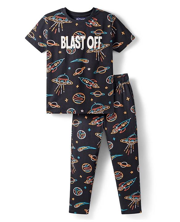 Pine Kids Single Jersey Knit Half Sleeves Co-Ord Night Suit Set With Space Theme Print - Black
