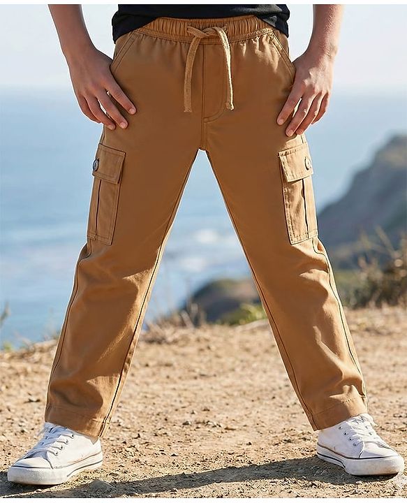 Pine Kids Cotton Elastane Woven Full Length Solid Colour Trouser Pant - Khaki