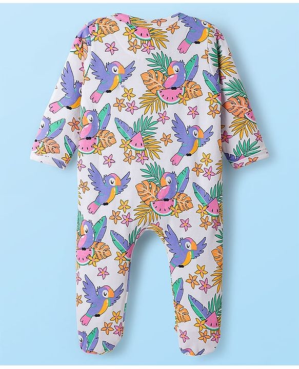 Babyhug Cotton Knit Full Sleeves Footed Sleepsuit With Floral Print - White
