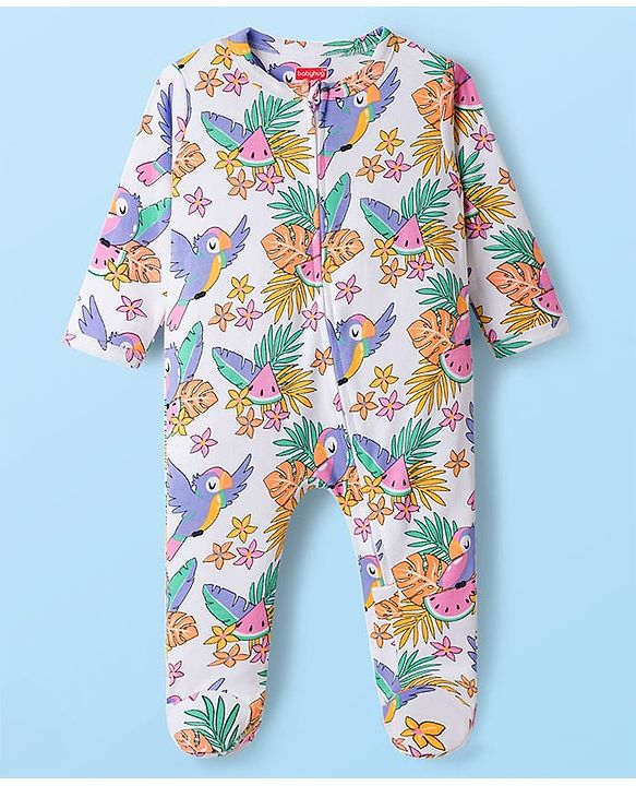Babyhug Cotton Knit Full Sleeves Footed Sleepsuit With Floral Print - White