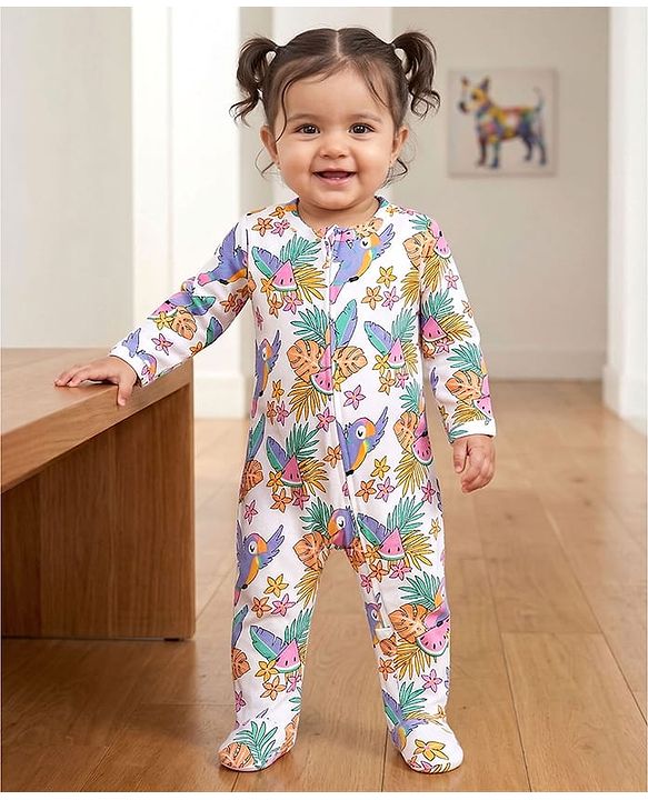 Babyhug Cotton Knit Full Sleeves Footed Sleepsuit With Floral Print - White