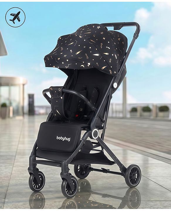 Babyhug Portable Baby Stroller with One-hand Z Compact Fold - Black| Pram for Newborn| Concealed Linked Brake| Swivel Wheels| 5 point Safety Harness| Air Cabin Friendly|