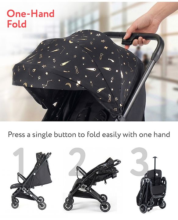 Babyhug Portable Baby Stroller with One-hand Z Compact Fold - Black| Pram for Newborn| Concealed Linked Brake| Swivel Wheels| 5 point Safety Harness| Air Cabin Friendly|