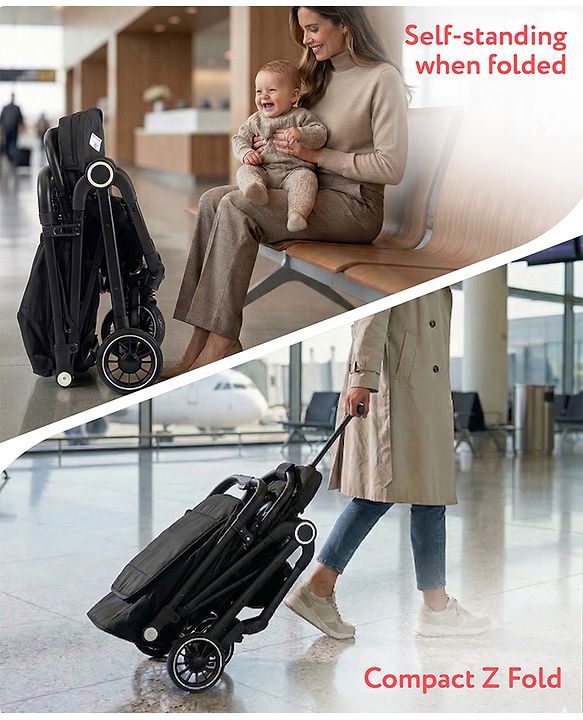 Babyhug Portable Baby Stroller with One-hand Z Compact Fold - Black| Pram for Newborn| Concealed Linked Brake| Swivel Wheels| 5 point Safety Harness| Air Cabin Friendly|