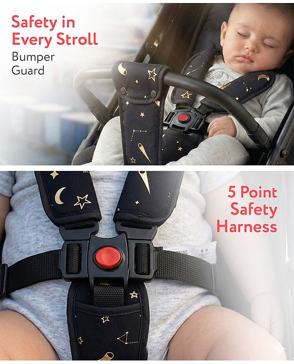 Babyhug Portable Baby Stroller with One-hand Z Compact Fold - Black| Pram for Newborn| Concealed Linked Brake| Swivel Wheels| 5 point Safety Harness| Air Cabin Friendly|