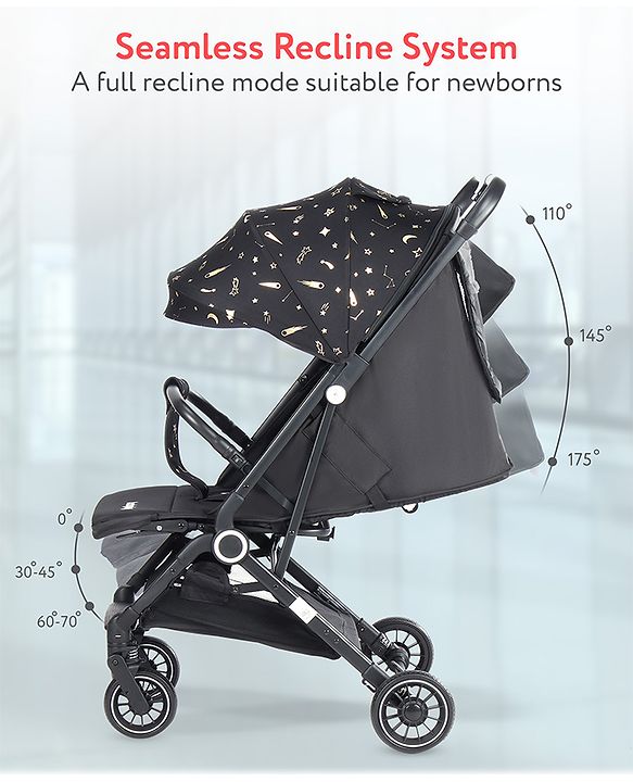 Babyhug Portable Baby Stroller with One-hand Z Compact Fold - Black| Pram for Newborn| Concealed Linked Brake| Swivel Wheels| 5 point Safety Harness| Air Cabin Friendly|