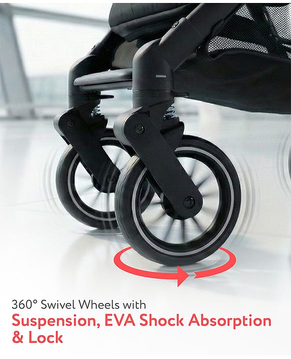 Babyhug Portable Baby Stroller with One-hand Z Compact Fold - Black| Pram for Newborn| Concealed Linked Brake| Swivel Wheels| 5 point Safety Harness| Air Cabin Friendly|
