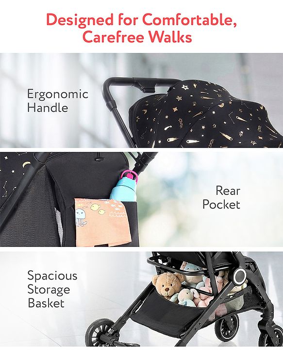Babyhug Portable Baby Stroller with One-hand Z Compact Fold - Black| Pram for Newborn| Concealed Linked Brake| Swivel Wheels| 5 point Safety Harness| Air Cabin Friendly|