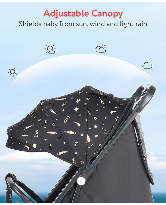 Babyhug Portable Baby Stroller with One-hand Z Compact Fold - Black| Pram for Newborn| Concealed Linked Brake| Swivel Wheels| 5 point Safety Harness| Air Cabin Friendly|