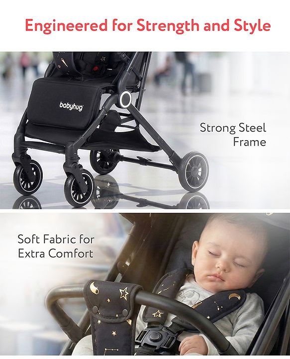 Babyhug Portable Baby Stroller with One-hand Z Compact Fold - Black| Pram for Newborn| Concealed Linked Brake| Swivel Wheels| 5 point Safety Harness| Air Cabin Friendly|