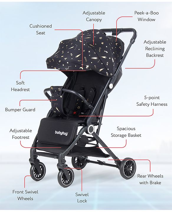Babyhug Portable Baby Stroller with One-hand Z Compact Fold - Black| Pram for Newborn| Concealed Linked Brake| Swivel Wheels| 5 point Safety Harness| Air Cabin Friendly|