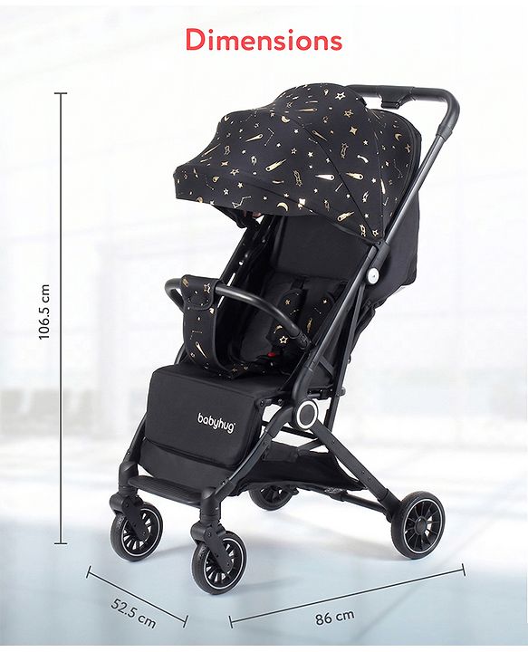 Babyhug Portable Baby Stroller with One-hand Z Compact Fold - Black| Pram for Newborn| Concealed Linked Brake| Swivel Wheels| 5 point Safety Harness| Air Cabin Friendly|