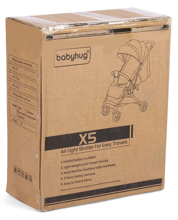 Babyhug Portable Baby Stroller with One-hand Z Compact Fold - Black| Pram for Newborn| Concealed Linked Brake| Swivel Wheels| 5 point Safety Harness| Air Cabin Friendly|