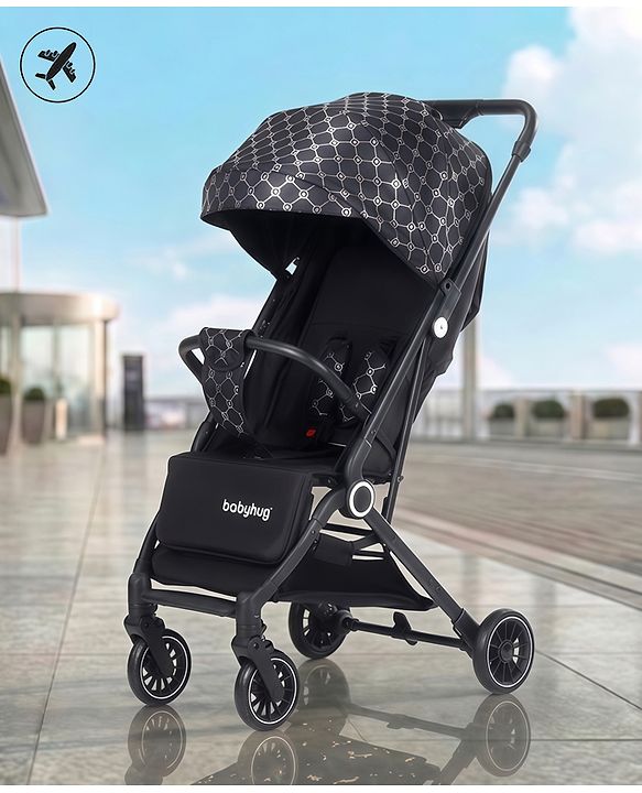 Babyhug Portable Baby Stroller with One-hand Z Compact Fold - Black| Pram for Newborn| Concealed Linked Brake| Swivel Wheels| 5 point Safety Harness| Air Cabin Friendly|