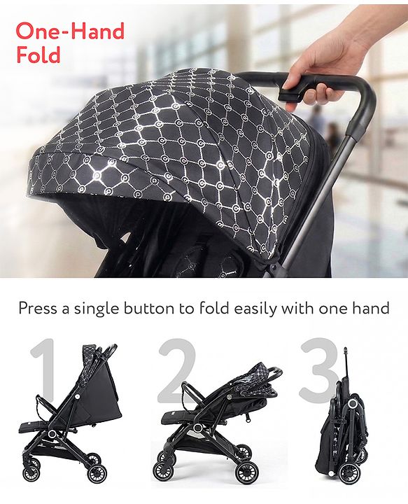 Babyhug Portable Baby Stroller with One-hand Z Compact Fold - Black| Pram for Newborn| Concealed Linked Brake| Swivel Wheels| 5 point Safety Harness| Air Cabin Friendly|